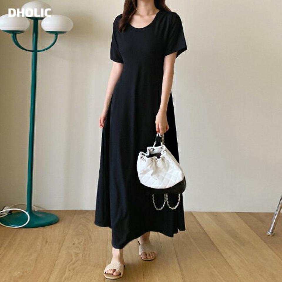 【10%OFF】Uネックリブワンピース・全2色・b01345 レディース 【ops】ワンピース ロング丈 ロングワンピース 半袖 Uネック リブ 単色 無地 シンプル カジュアル ラフ フレア 切り替え ワンマイルウェア 夏 韓国ファッション セール SALE