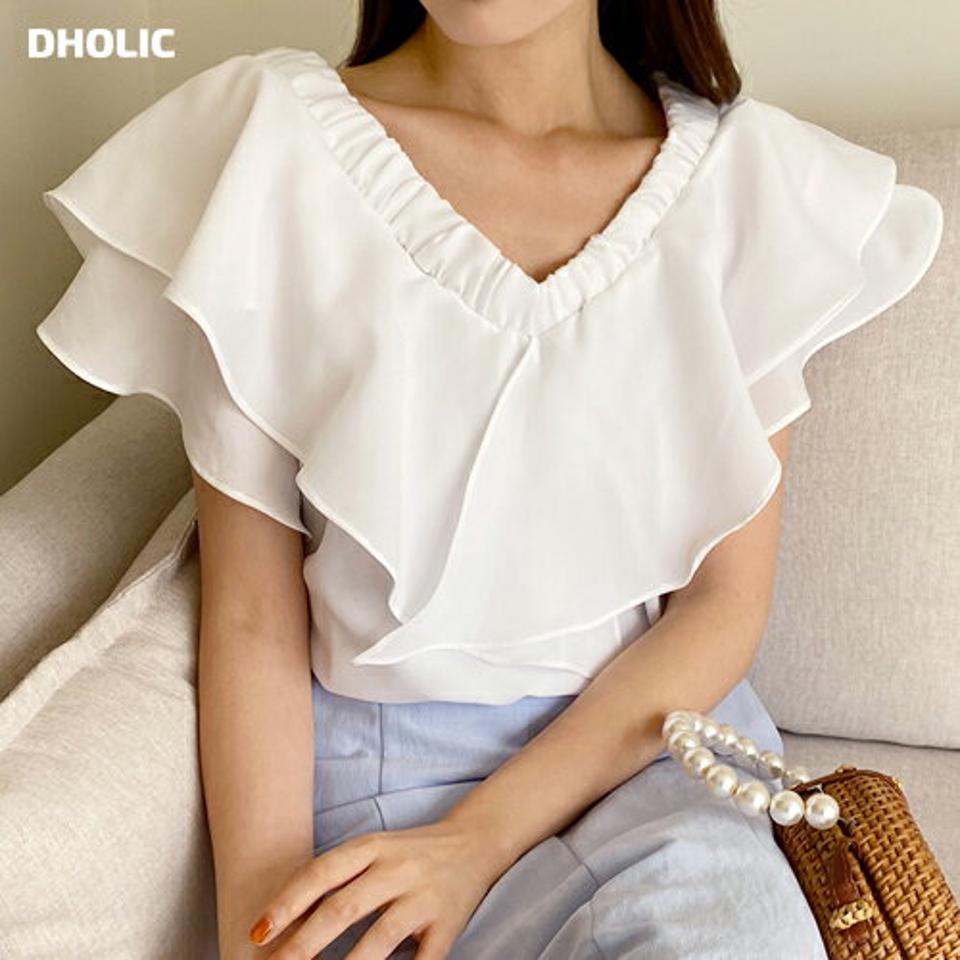 2WAYフリルVネックブラウス・全4色・01355 レディース 【bl】トップス ブラウス Vネック フリル 二の腕カバー 半袖 オフショルダー ショートスリーブ フェミニン きれいめ 上品 ゴム 単色 無地 シンプル 夏 韓国ファッション