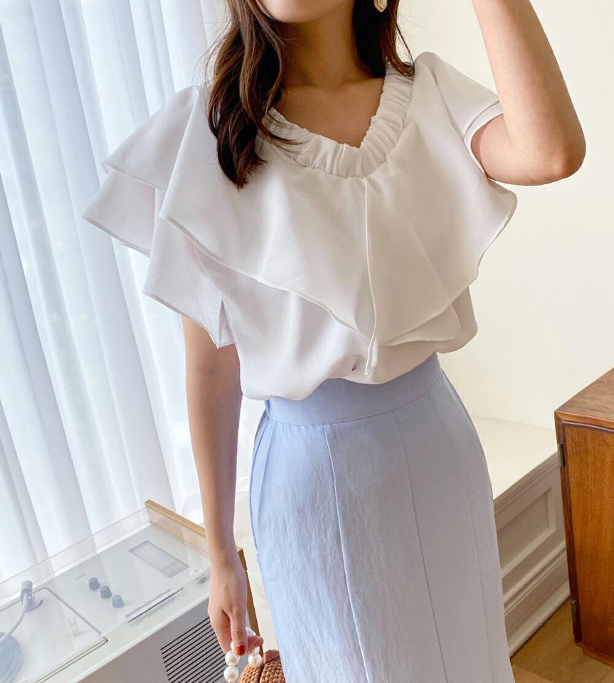 2WAYフリルVネックブラウス・全4色・01355 レディース 【bl】トップス ブラウス Vネック フリル 二の腕カバー 半袖 オフショルダー ショートスリーブ フェミニン きれいめ 上品 ゴム 単色 無地 シンプル 夏 韓国ファッション
