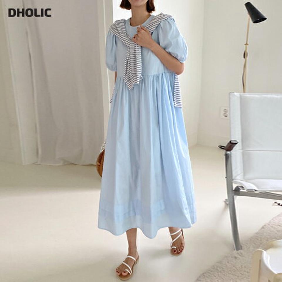 パフティアードワンピース・全2色・t01370 レディース 【ops】ワンピース ロング丈 ロングワンピース 半袖 パフスリーブ ティアード ゆったり ラウンドネック ハーフスリーブ 単色 無地 シンプル かわいい 水色 二の腕カバー 夏 韓国ファッション