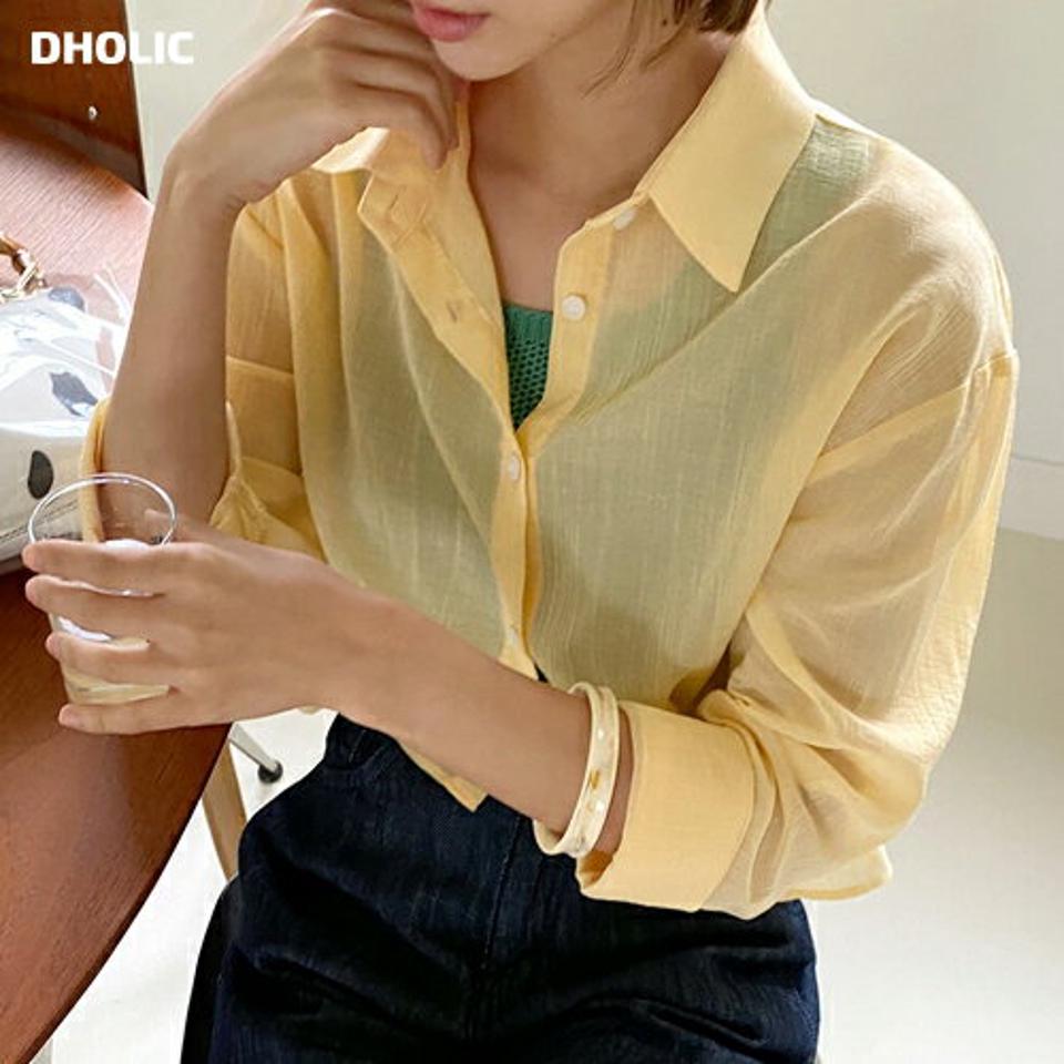 クロップドシアーシャツ・全3色・t01354 レディース 【bl】トップス シャツ 長袖 透け感 シアー シースルー クロップド丈 ラフ 単色 無地 シンプル カジュアル 襟 タック リンクル 黄色 春 夏 韓国ファッション