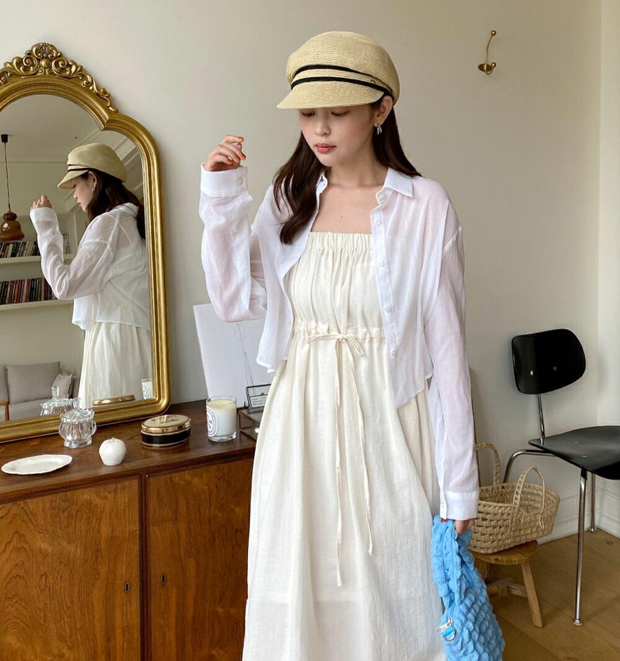 クロップドシアーシャツ・全3色・t01354 レディース 【bl】トップス シャツ 長袖 透け感 シアー シースルー クロップド丈 ラフ 単色 無地 シンプル カジュアル 襟 タック リンクル 黄色 春 夏 韓国ファッション