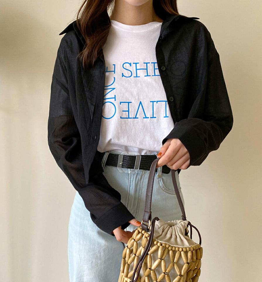 クロップドシアーシャツ・全3色・t01354 レディース 【bl】トップス シャツ 長袖 透け感 シアー シースルー クロップド丈 ラフ 単色 無地 シンプル カジュアル 襟 タック リンクル 黄色 春 夏 韓国ファッション