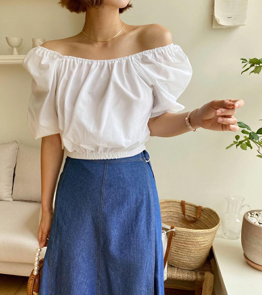 2WAYパフクロップドブラウス・全3色・t01365 レディース 【bl】トップス ブラウス 半袖 オフショルダー 肩出し パフスリーブ 二の腕カバー ハーフスリーブ クロップド丈 スクエアネック デコルテ 単色 無地 フェミニン かわいい 夏 韓国ファッション