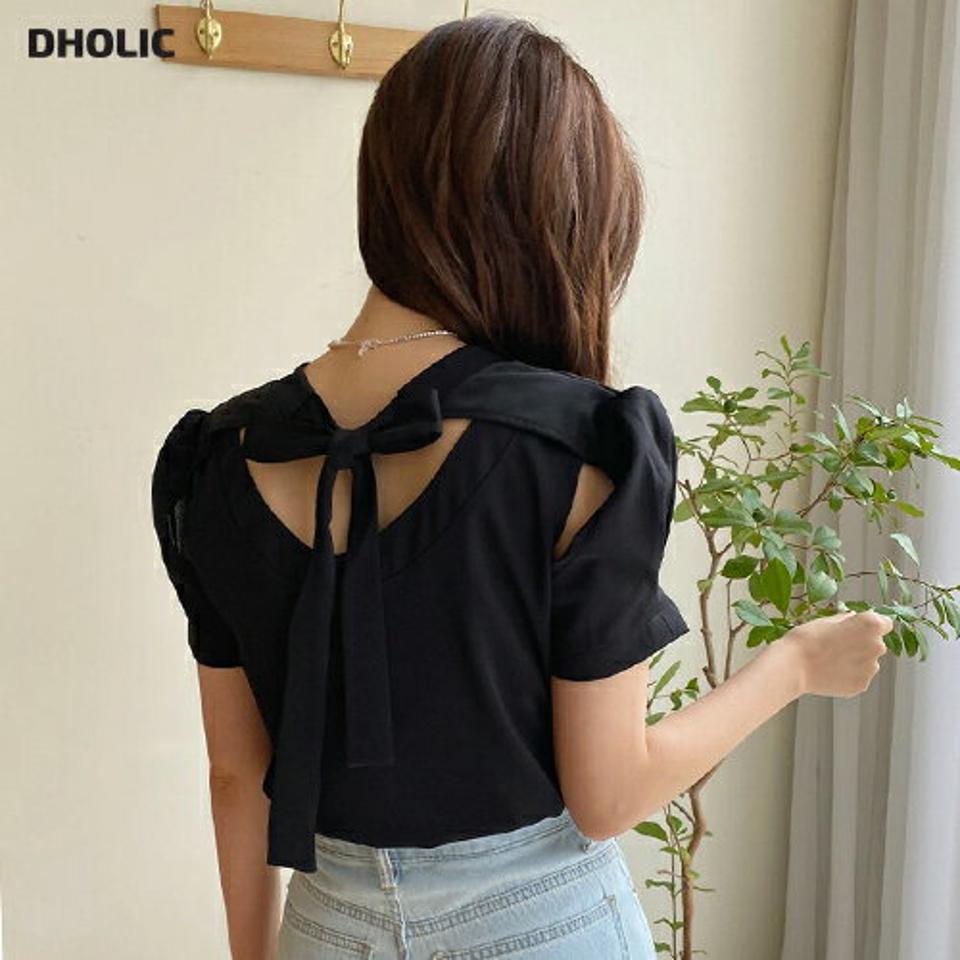 カットアウトリボンTシャツ・全3色・b01364 レディース 【tops】トップス Tシャツ バックリボン バックシャン りぼん カットアウト 背中見せ 半袖 レイヤード風 大人 パフスリーブ ラウンドネック タック かわいい 夏 韓国ファッション