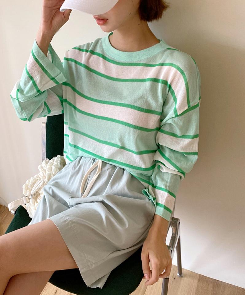 ボーダーシアーラウンドTシャツ・全3色・b01360 レディース 【tops】トップス Tシャツ 長袖 ロンT ボーダー柄 ボーダーT シアー 透け感 マルチボーダー カジュアル ラフ ラウンドネック ドロップショルダー ピンク 春 夏 韓国ファッション
