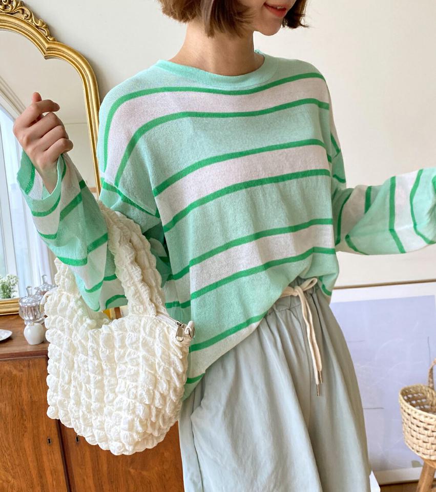ボーダーシアーラウンドTシャツ・全3色・b01360 レディース 【tops】トップス Tシャツ 長袖 ロンT ボーダー柄 ボーダーT シアー 透け感 マルチボーダー カジュアル ラフ ラウンドネック ドロップショルダー ピンク 春 夏 韓国ファッション