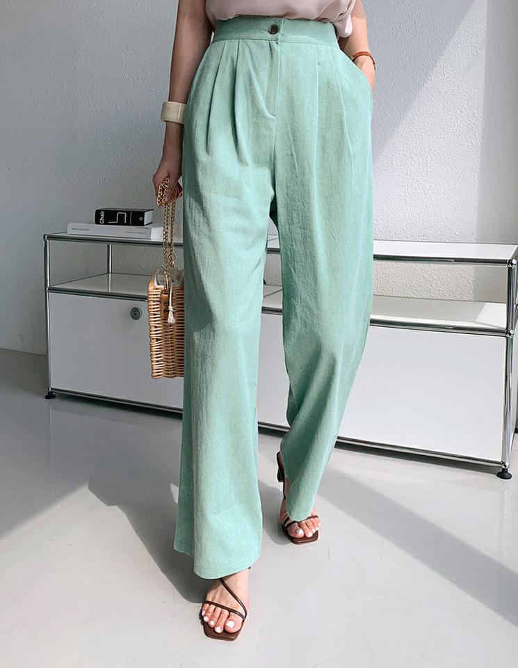 コットンワイドスラックス・全5色・t72687 レディース 【pt】スラックス パンツ ロング丈 単色 パステル カラーパンツ タック コットン 綿 ハイウエスト ワイド ストレート 春 夏 カジュアル 大人 黄緑 ミント 韓国ファッション ハイホリHIHOLLI