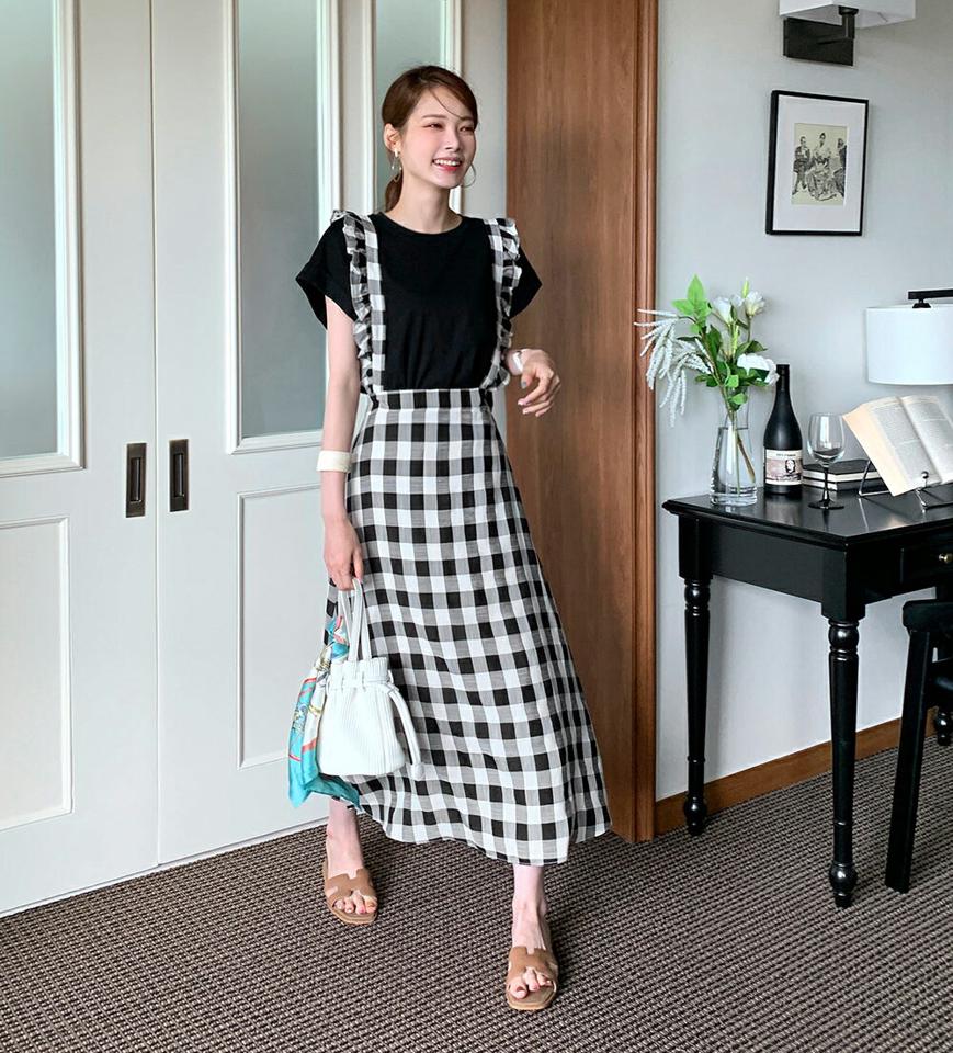 2WAYチェックサスペンダーワンピース・全2色・b72683 レディース 【ops】ワンピース ロング丈 2WAY サスペンダー 柄 模様 ギンガムチェック Aライン スカート 春 夏 フェミニン ガーリー 量産型 モノトーン 黒 白 韓国ファッション ハイホリHIHOLLI