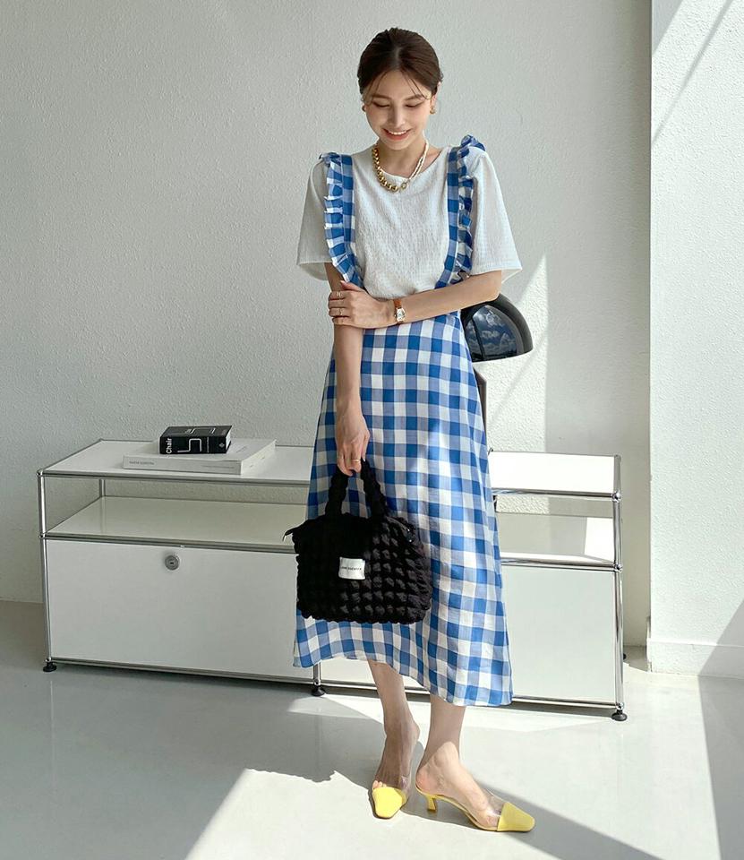 2WAYチェックサスペンダーワンピース・全2色・b72683 レディース 【ops】ワンピース ロング丈 2WAY サスペンダー 柄 模様 ギンガムチェック Aライン スカート 春 夏 フェミニン ガーリー 量産型 モノトーン 黒 白 韓国ファッション ハイホリHIHOLLI
