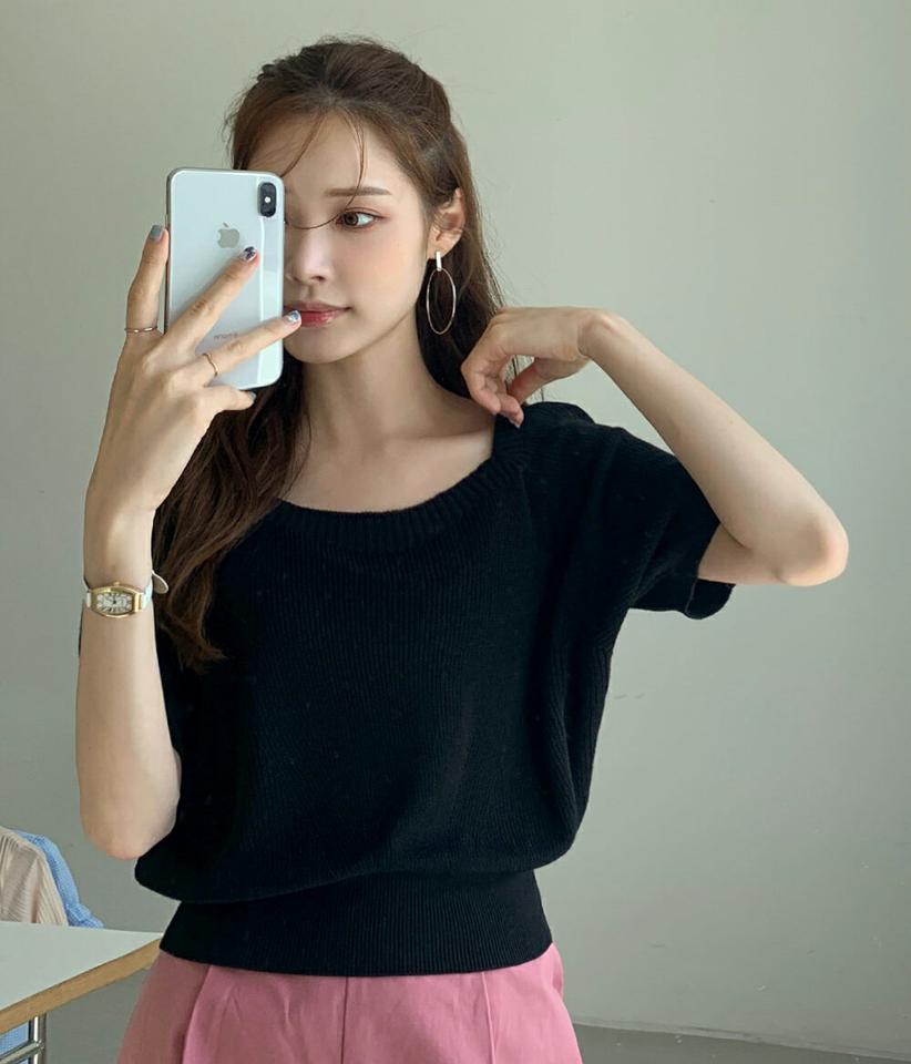ラグランスクエアネックニット・全6色・b72675 レディース 【tops】トップス 半袖 ニット 年上 シンプル ベーシック 無地 スクエアネック 鎖骨 デコルテ クロップド丈 ラグラン 春 夏 大人 カラバリ ピンク サマーニット 韓国ファッション ハイホリHIHOLLI