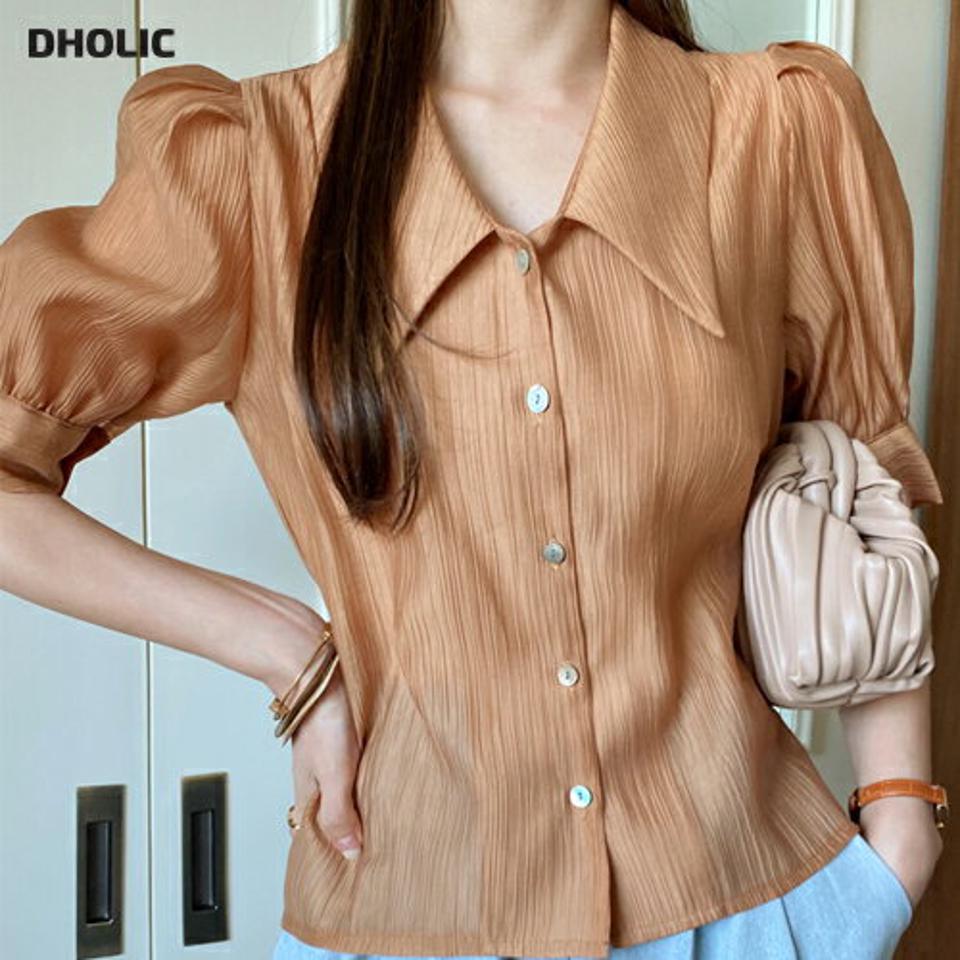 【10%OFF】リンクルシースルーカラーブラウス・全4色・t72673 レディース 【bl】ブラウス トップス 半袖 襟 ぼたん ボタン 単色 シンプル ベーシック リンクル シースルー 二の腕カバー シアー 透け感 Vネック 春 夏 オレンジ 韓国ファッション ハイホリHIHOLLI セール SALE