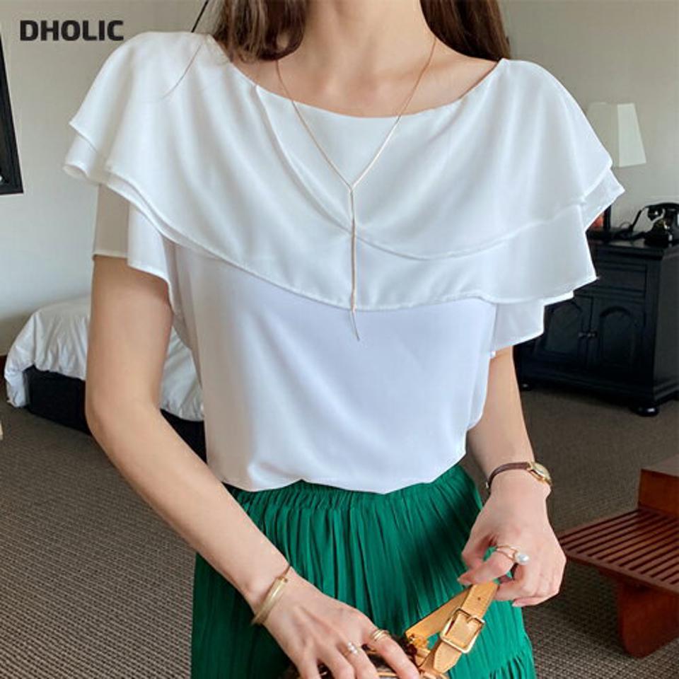 レイヤードラッフルブラウス・全4色・72670 レディース 【bl】ブラウス トップス 単色 無地 シンプル レイヤード ラッフル 半袖 デコルテ Uネック 上品 フェミニン 大人 オフィスカジュアル 春 夏 白 ホワイト 韓国ファッション ハイホリHIHOLLI