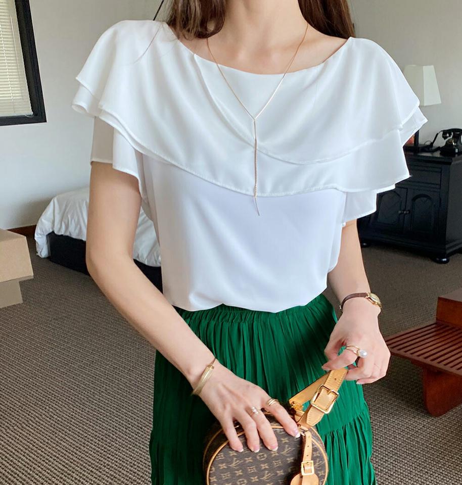 レイヤードラッフルブラウス・全4色・72670 レディース 【bl】ブラウス トップス 単色 無地 シンプル レイヤード ラッフル 半袖 デコルテ Uネック 上品 フェミニン 大人 オフィスカジュアル 春 夏 白 ホワイト 韓国ファッション ハイホリHIHOLLI