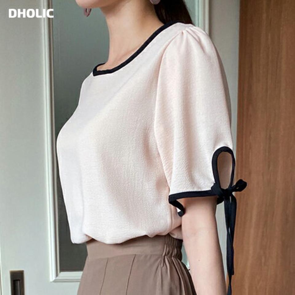 リボン配色ブラウス・全2色・t72665 レディース 【bl】ブラウス トップス 半袖 配色 柄 模様 パステル リボン りぼん 二の腕カバー オフィスカジュアル 上品 きれいめ パフスリーブ パフ袖 春 夏 ピンク 韓国ファッション ハイホリHIHOLLI