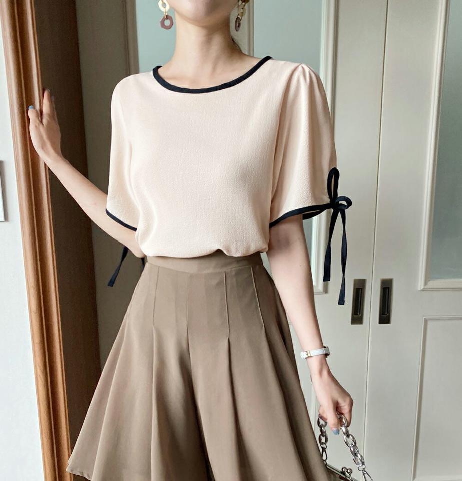 リボン配色ブラウス・全2色・t72665 レディース 【bl】ブラウス トップス 半袖 配色 柄 模様 パステル リボン りぼん 二の腕カバー オフィスカジュアル 上品 きれいめ パフスリーブ パフ袖 春 夏 ピンク 韓国ファッション ハイホリHIHOLLI