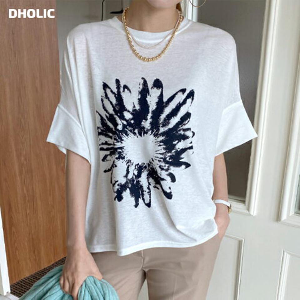 フラワープリントルーズTシャツ・全4色・b72740 レディース 【tops】トップス Tシャツ 半袖 プリント ルーズ ゆったり 楽ちん 体型カバー 二の腕カバー モチーフ 柄 模様 春 夏 カジュアル 大人 白 モノトーン 黒 韓国ファッション ハイホリHIHOLLI