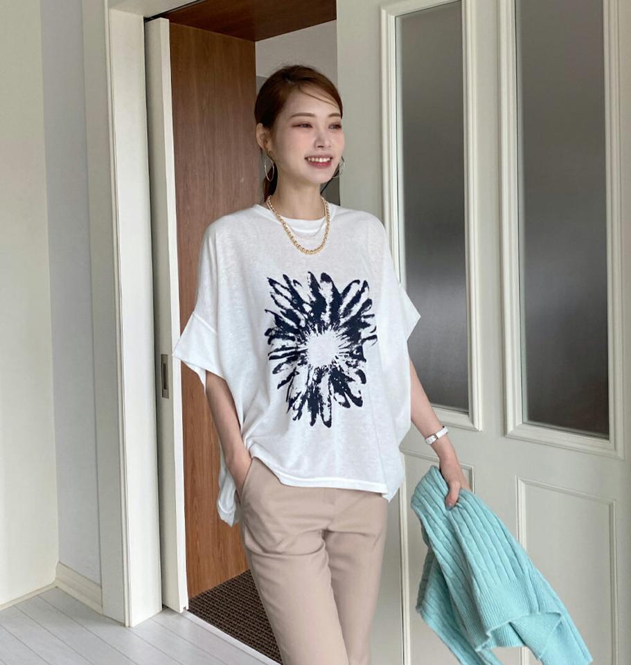フラワープリントルーズTシャツ・全4色・b72740 レディース 【tops】トップス Tシャツ 半袖 プリント ルーズ ゆったり 楽ちん 体型カバー 二の腕カバー モチーフ 柄 模様 春 夏 カジュアル 大人 白 モノトーン 黒 韓国ファッション ハイホリHIHOLLI