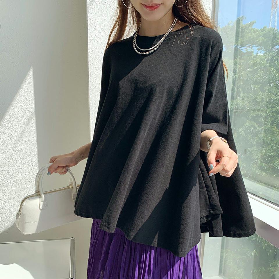 【10%OFF】フレアルーズフィットTシャツ・全2色・t72663 レディース 【tops】トップス Tシャツ 半袖 フレア 単色 無地 シンプル ユニーク ルーズ お腹カバー 体型カバー ゆったり 楽ちん 春 夏 フェミニン カジュアル 白 韓国ファッション ハイホリHIHOLLI セール SALE