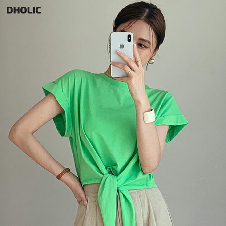 リボンロールアップスリーブTシャツ・全5色・t72662 レディース 【tops】トップス 半袖 Tシャツ 単色 無地 ユニーク りぼん リボン ロールアップ クロップド丈 綿 コットン 春 夏 カジュアル 緑 グリーン 韓国ファッション ハイホリHIHOLLI