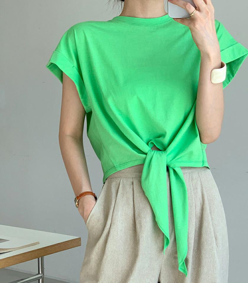 リボンロールアップスリーブTシャツ・全5色・t72662 レディース 【tops】トップス 半袖 Tシャツ 単色 無地 ユニーク りぼん リボン ロールアップ クロップド丈 綿 コットン 春 夏 カジュアル 緑 グリーン 韓国ファッション ハイホリHIHOLLI
