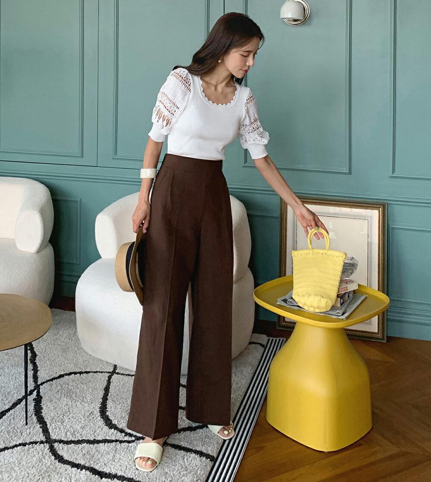 リネン混ワイドスラックス・全3色・t00967 レディース 【pt】スラックス パンツ ズボン ロング丈 ワイド リネン 単色 無地 シンプル ベーシック 大人 ベージュ カジュアル ハイウエスト ストレート フルレングス タック 夏 韓国ファッション