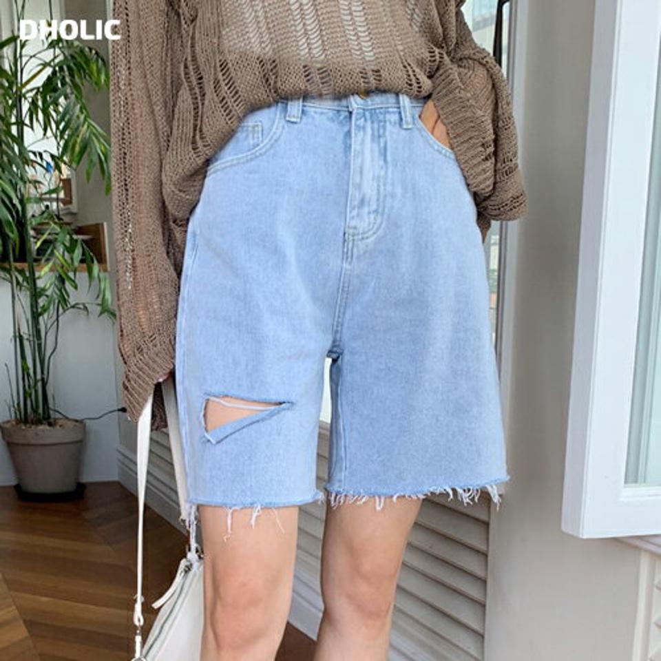 ダメージカットハーフデニムパンツ・全1色・b00965 レディース 【pt】パンツ ズボン ショートパンツ ハーフパンツ 半ズボン 短パン ダメージデニム カジュアル デニム カットオフ 切りっぱなし 大人 ハイウエスト ベルトループ 夏 韓国ファッション