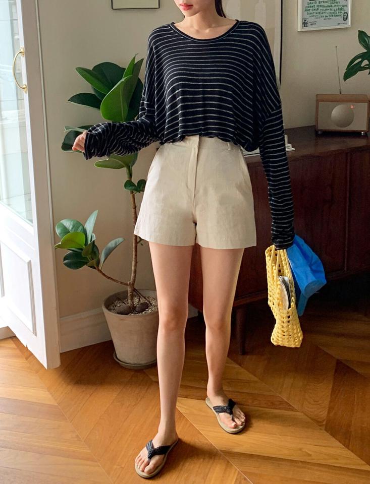 リネン混ショートパンツ・全3色・t00964 レディース 【pt】ショートパンツ 短パン リネン 単色 無地 シンプル ベーシック カジュアル 大人 ワイド ベルトループ ハイウエスト ベージュ 夏 韓国ファッション