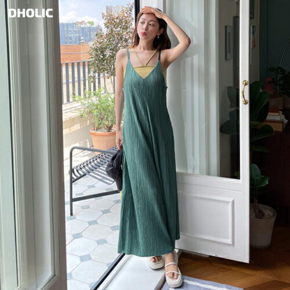 プリーツキャミオールインワン・全4色・t00960 レディース 【pt】オールインワン パンツ ズボン ワイド プリーツ キャミソール ノースリーブ ラフ ワンマイルウェア カジュアル 単色 シンプル 体型カバー Vネック 緑 夏 韓国ファッション