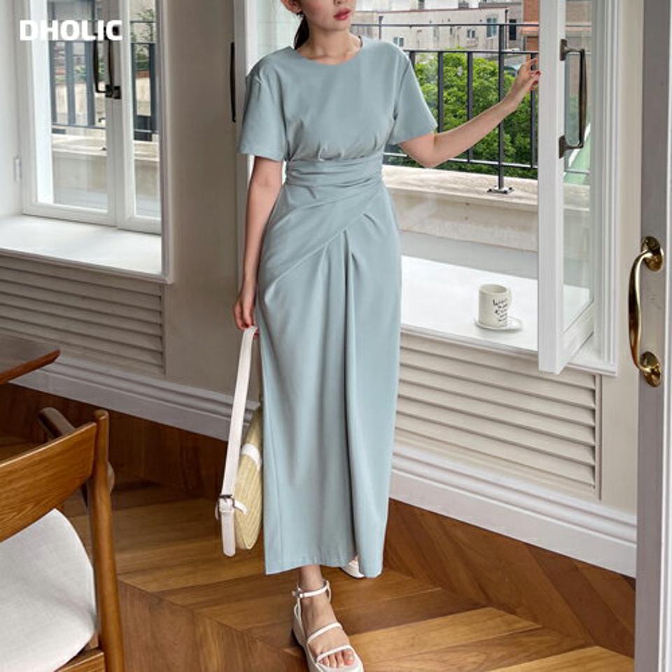 バックスリットラップワンピース・全3色・b00959 レディース 【ops】ワンピース ロング丈 ロングワンピース 半袖 ラップデザイン ラウンドネック 単色 無地 シンプル カジュアル りぼん パステル 水色 夏 韓国ファッション
