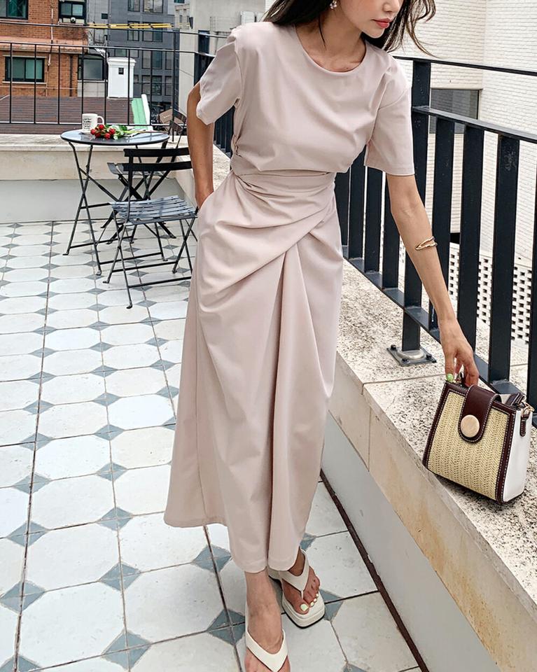 バックスリットラップワンピース・全3色・b00959 レディース 【ops】ワンピース ロング丈 ロングワンピース 半袖 ラップデザイン ラウンドネック 単色 無地 シンプル カジュアル りぼん パステル 水色 夏 韓国ファッション