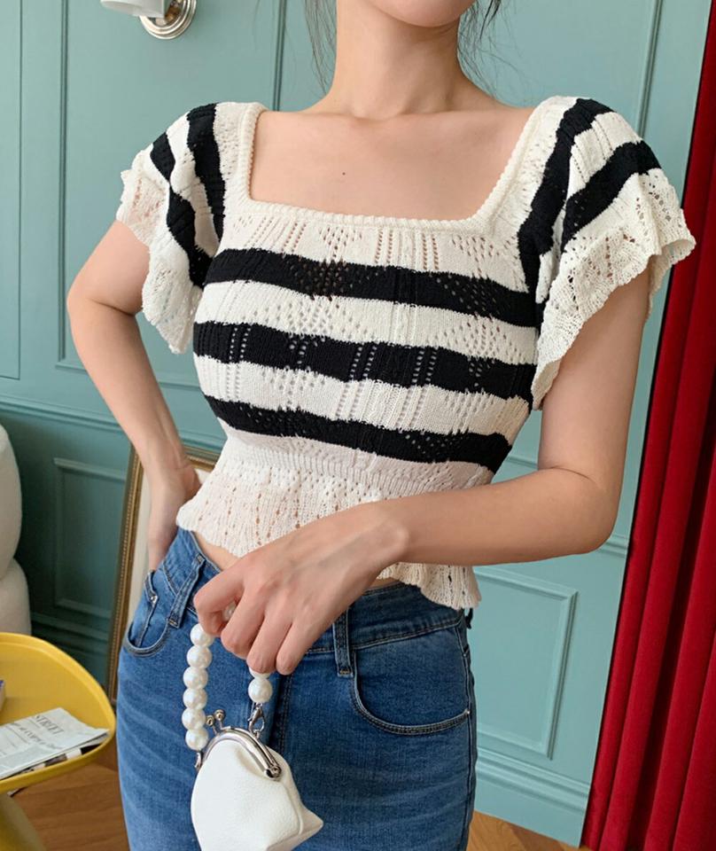 2WAYボーダーフリルパンチングニット・全4色・t00958 レディース 【tops】トップス ニット 半袖 二の腕カバー フリル パンチング ボーダー柄 かわいい デコルテ スクエアネック オフショルダー 肩出し 夏 サマーニット 韓国ファッション