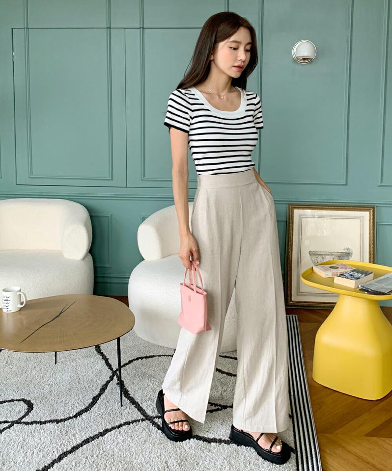 ボーダーUネックニット・全3色・b00978 レディース 【tops】トップス ニット 半袖 ボーダー柄 Uネック カジュアル ラフ スリム タイト クロップド丈 短丈 緑 夏 サマーニット 韓国ファッション