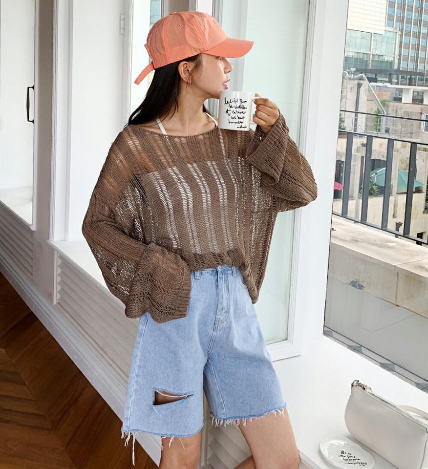 ダメージシアールーズニット・全5色・t00977 レディース 【tops】トップス ニット 長袖 ルーズ ゆったり ダメージ カジュアル サマーニット ドロップショルダー シアー 透け感 シースルー パープル 紫 春 夏 韓国ファッション