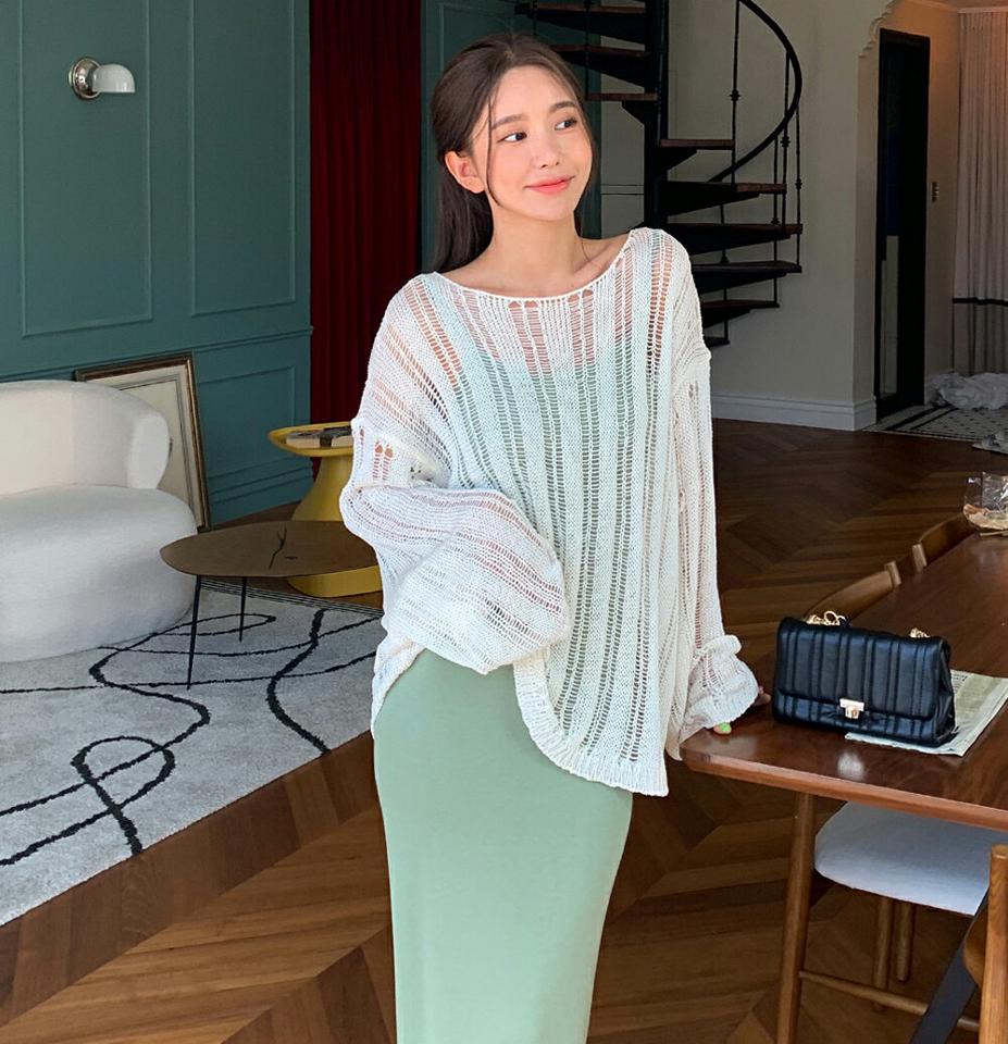 ダメージシアールーズニット・全5色・t00977 レディース 【tops】トップス ニット 長袖 ルーズ ゆったり ダメージ カジュアル サマーニット ドロップショルダー シアー 透け感 シースルー パープル 紫 春 夏 韓国ファッション