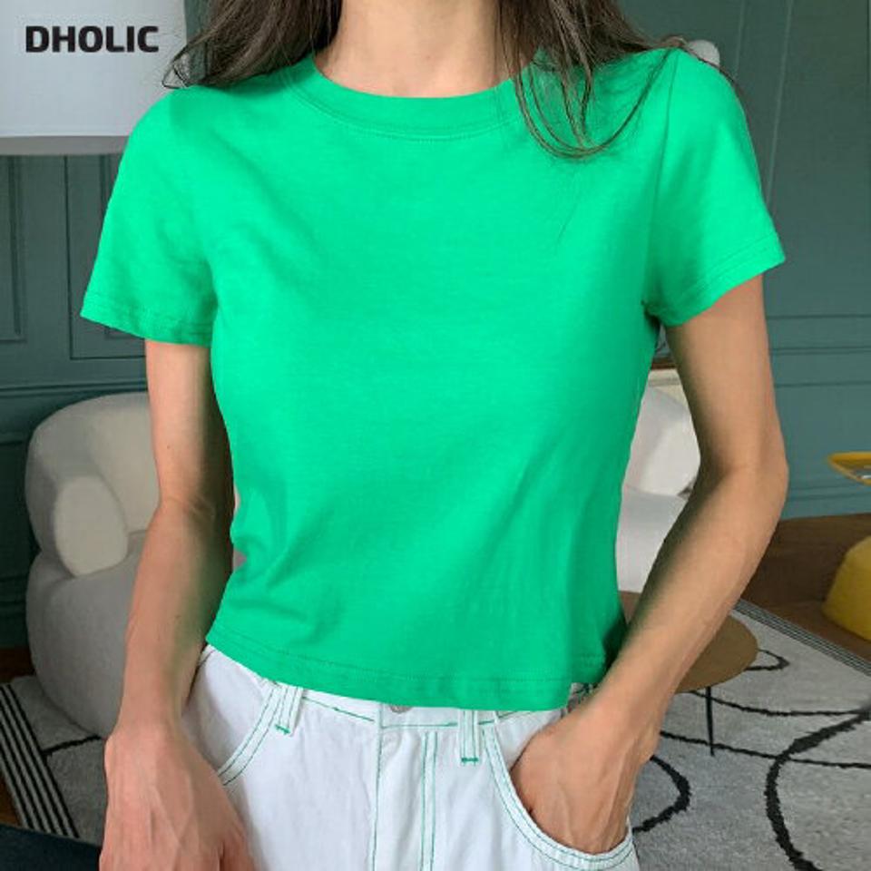 クロップド半袖Tシャツ・全6色・t00980 レディース 【tops】トップス Tシャツ 無地T 半袖 単色 無地 シンプル ベーシック 大人 ラウンドネック カジュアル クロップド丈 大人 ビビッド 原色 緑 グリーン 骨スト ストレート 夏 韓国ファッション