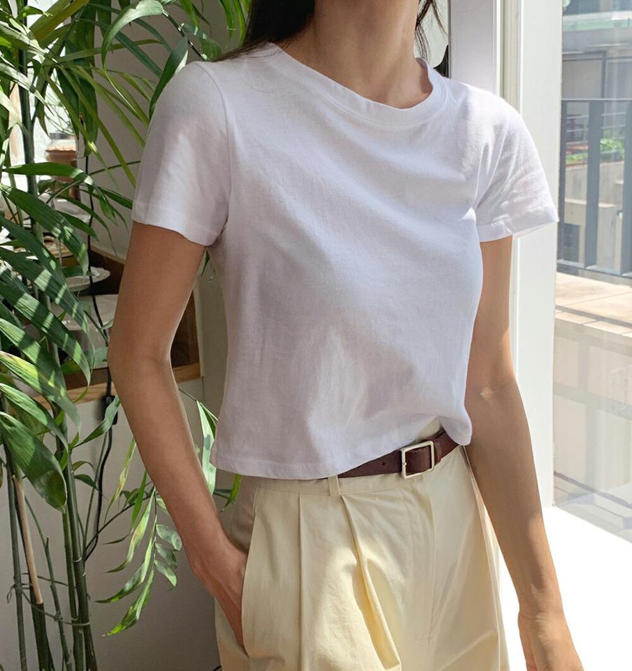 クロップド半袖Tシャツ・全6色・t00980 レディース 【tops】トップス Tシャツ 無地T 半袖 単色 無地 シンプル ベーシック 大人 ラウンドネック カジュアル クロップド丈 大人 ビビッド 原色 緑 グリーン 骨スト ストレート 夏 韓国ファッション