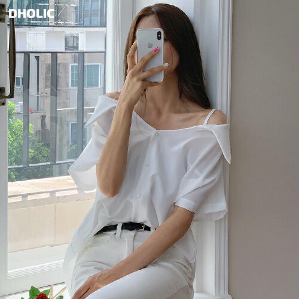 オフショルボタンブラウス・全5色・t00950 レディース 【bl】トップス ブラウス シャツブラウス 半袖 ハーフスリーブ オフショルダー ボタン デコルテ 鎖骨 肩出し きれいめ 爽やか 大人 ボタン 襟 アンバランス 白 ホワイト 春 夏 韓国ファッション