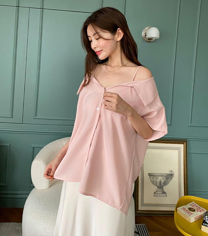 オフショルボタンブラウス・全5色・t00950 レディース 【bl】トップス ブラウス シャツブラウス 半袖 ハーフスリーブ オフショルダー ボタン デコルテ 鎖骨 肩出し きれいめ 爽やか 大人 ボタン 襟 アンバランス 白 ホワイト 春 夏 韓国ファッション