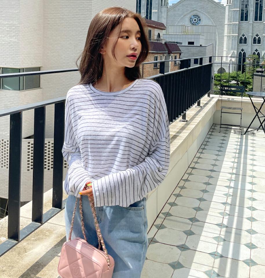 リネン混ボーダールーズTシャツ・全3色・b00946 レディース 【tops】トップス Tシャツ 長袖 ロンT ボーダー柄 リネン ラウンドネック ルーズ ゆったり ラフ カジュアル ドロップショルダー 春 夏 韓国ファッション