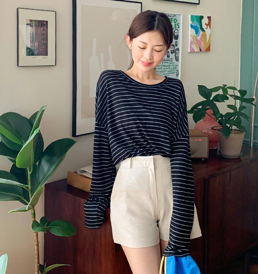 リネン混ボーダールーズTシャツ・全3色・b00946 レディース 【tops】トップス Tシャツ 長袖 ロンT ボーダー柄 リネン ラウンドネック ルーズ ゆったり ラフ カジュアル ドロップショルダー 春 夏 韓国ファッション