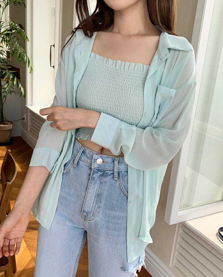 シャーリングキャミソール&ルーズシャツSET・全4色・t00945 レディース 【cd】アンサンブル セット シャツ 長袖 襟 単色 無地 シンプル トップス キャミソール スリーブレス ノースリーブ シャーリング かわいい フリル 春 夏 韓国ファッション