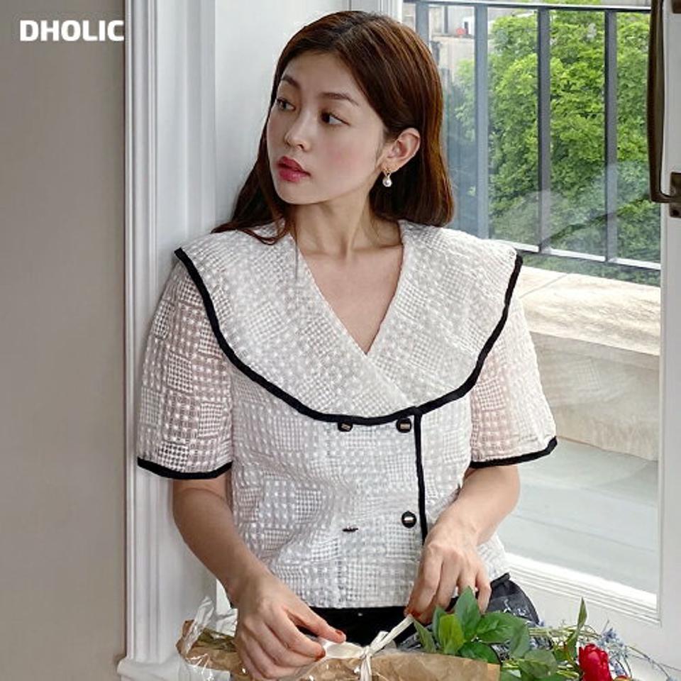 ビッグカラーシアー刺繍カーディガン・全2色・b00943 レディース 【cd】カーディガン 羽織物 半袖 大きい襟 襟コン 透け感 シアー シースルー 刺繍 フェミニン かわいい 可愛い Vネック 総柄 ユニーク 配色 夏 韓国ファッション