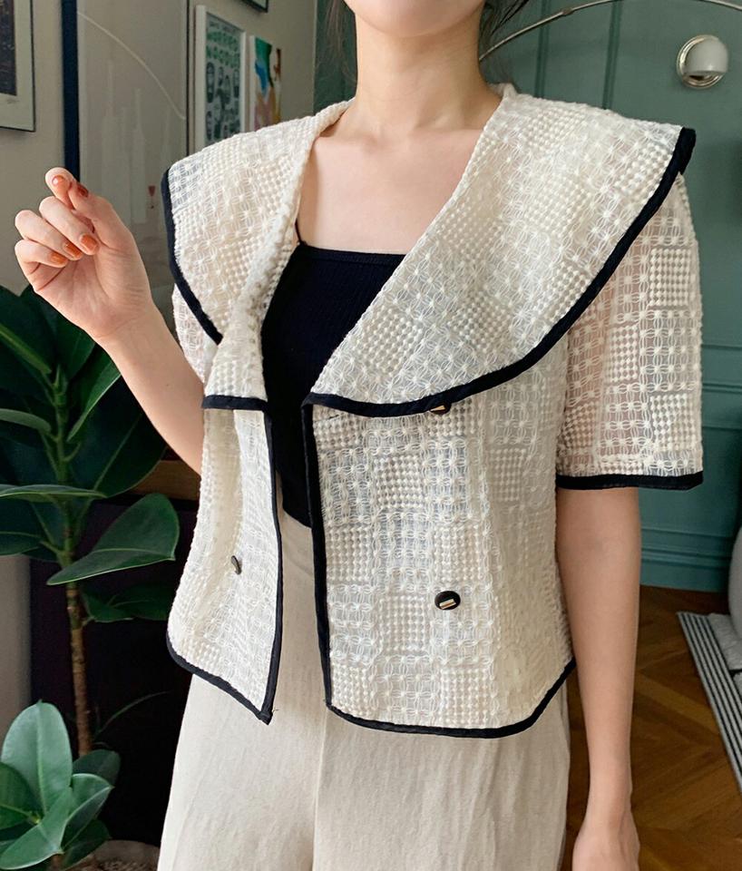 ビッグカラーシアー刺繍カーディガン・全2色・b00943 レディース 【cd】カーディガン 羽織物 半袖 大きい襟 襟コン 透け感 シアー シースルー 刺繍 フェミニン かわいい 可愛い Vネック 総柄 ユニーク 配色 夏 韓国ファッション