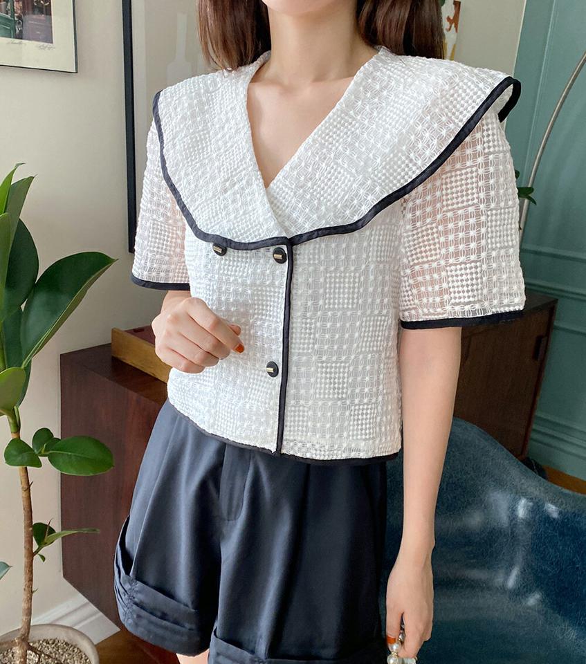 ビッグカラーシアー刺繍カーディガン・全2色・b00943 レディース 【cd】カーディガン 羽織物 半袖 大きい襟 襟コン 透け感 シアー シースルー 刺繍 フェミニン かわいい 可愛い Vネック 総柄 ユニーク 配色 夏 韓国ファッション