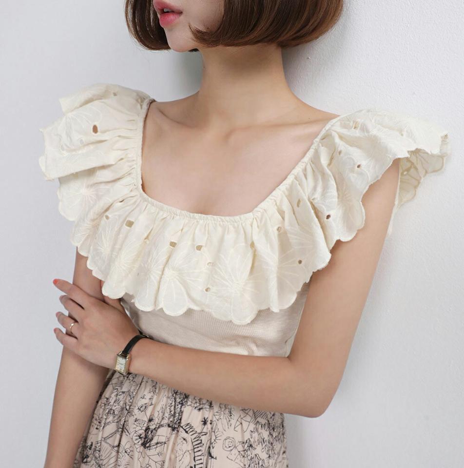 【10%OFF】アイレットレースショルダーリブTシャツ・全3色・b67433 レディース 【tops】トップス スリーブレス ノースリーブ アイレットレース 袖コン 二の腕カバー ショートスリーブ フェミニン デコルテ 鎖骨 かわいい 可愛い 大人 白 夏 韓国ファッション セール SALE