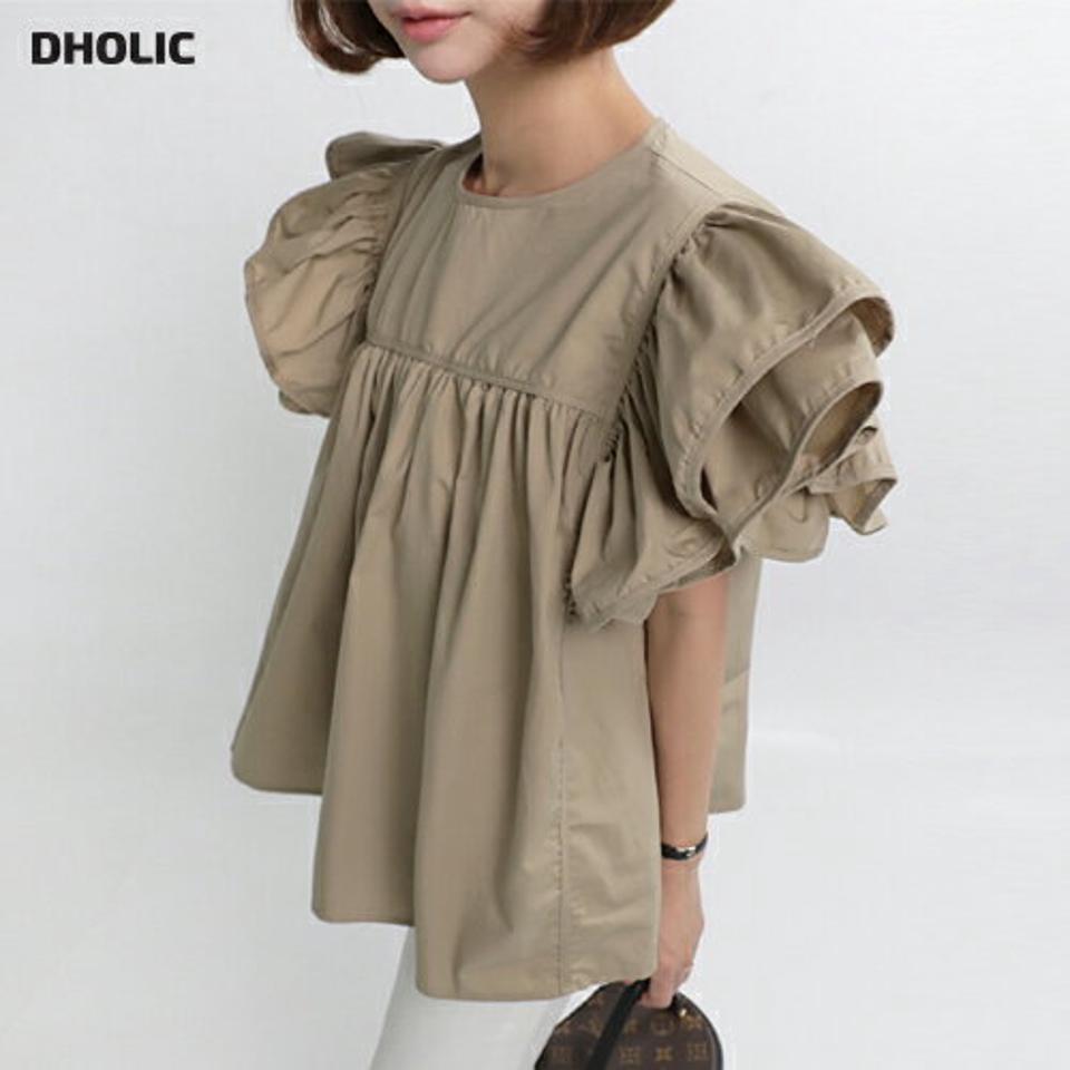 【10%OFF】ショルダーフリルブラウス・全3色・t67423 レディース 【bl】トップス ブラウス フリル 半袖 ボリューム袖 袖コン 二の腕カバー フェミニン お腹カバー かわいい 可愛い ラウンドネック 大人 ギャザー ティアード 夏 韓国ファッション セール SALE