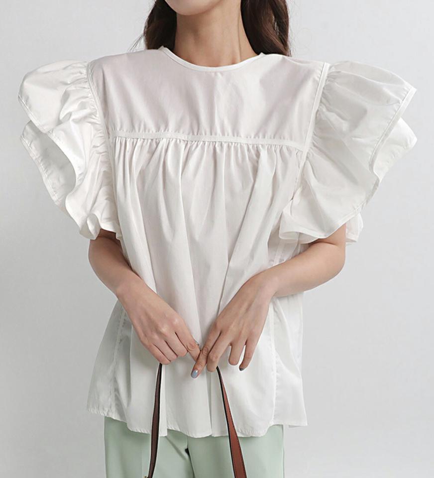 【10%OFF】ショルダーフリルブラウス・全3色・t67423 レディース 【bl】トップス ブラウス フリル 半袖 ボリューム袖 袖コン 二の腕カバー フェミニン お腹カバー かわいい 可愛い ラウンドネック 大人 ギャザー ティアード 夏 韓国ファッション セール SALE