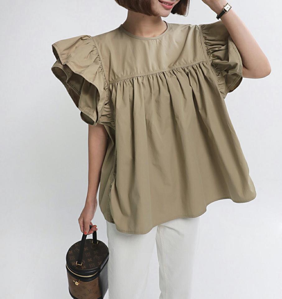 【10%OFF】ショルダーフリルブラウス・全3色・t67423 レディース 【bl】トップス ブラウス フリル 半袖 ボリューム袖 袖コン 二の腕カバー フェミニン お腹カバー かわいい 可愛い ラウンドネック 大人 ギャザー ティアード 夏 韓国ファッション セール SALE