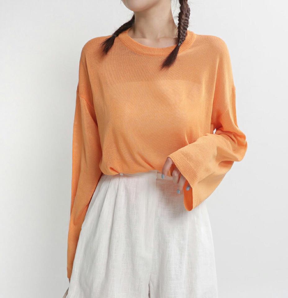 ルーズシアーニット・全6色・t67416 レディース 【tops】トップス ニット 長袖 ルーズ ゆったり シアー 透け感 単色 無地 シンプル ベーシック カジュアル ラフ ラウンドネック オレンジ 透けニット サマーニット カラーニット 春 夏 韓国ファッション